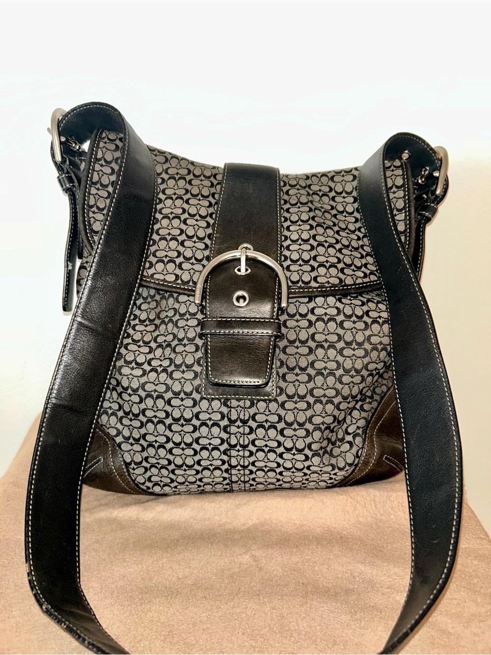 COACH Soho Signature Monogram Canvas and Leather Bag, black and gray